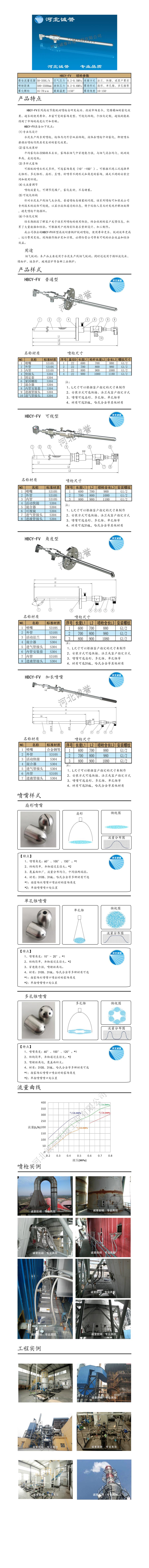 FV脫硝噴槍保護(hù)套、噴槍參數(shù)、材質(zhì)尺寸、流量分布圖、扇形空心錐俯視圖介紹，以及噴槍霧化視頻展示和工程案例介紹