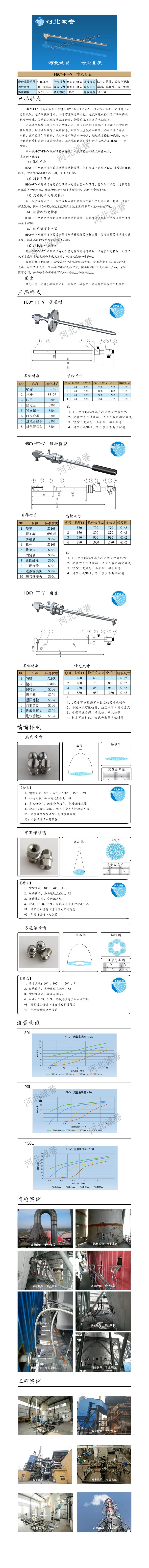 FT-V脫硝噴槍、保護(hù)套、噴槍參數(shù)、材質(zhì)尺寸、流量分布圖、扇形空心錐俯視圖介紹，以及噴槍霧化視頻展示和工程案例介紹