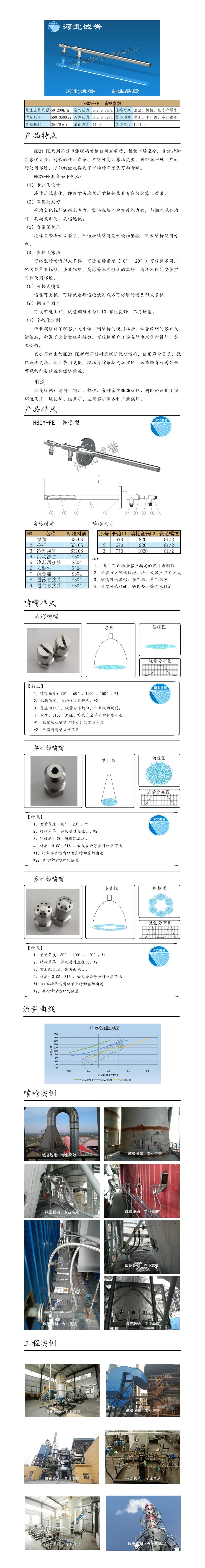 電廠脫硝噴槍保護(hù)套、噴槍參數(shù)、材質(zhì)尺寸、流量分布圖、扇形空心錐俯視圖介紹，以及噴槍霧化視頻展示和工程案例介紹